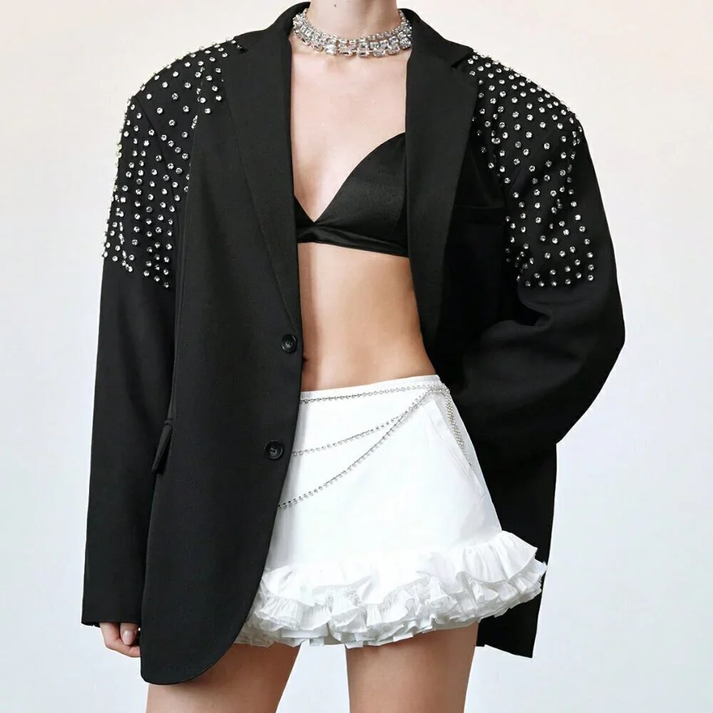 Black Elegant Formal Women's Oversized Rhinestone detailed Blazer